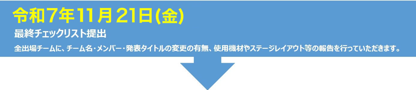 令和7年11月21日（金）最終チェックリスト提出　全出場チームに、チーム名・メンバー・発表タイトルの変更の有無、使用機材やステージレイアウト等の報告を行っていただきます。